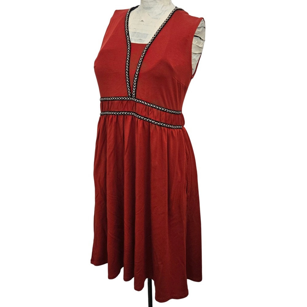 Garnet Hill TENCEL Lyocell Dress XS Embroidered Trim A-Line Rust Red Fit Flareโ